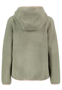 Kurtka z kapturem z polaru w oliwkowym kolorze, z miękką teksturą i różowym wykończeniem wzdłuż krawędzi oraz kaptura. Widok z tyłu ukazuje luźny krój.