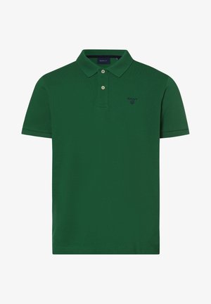 Grünes Poloshirt aus strukturiertem Baumwollstoff. Mit klassischem Kragen, Zwei-Knopf-Leiste und kleinem gesticktem Logo auf der Brust.