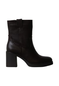 Botte en cuir noire mi-mollet avec talon bloc et languette, avec détails cousus et design de bout arrondi lisse.