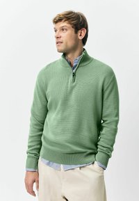 Pulover verde deschis cu guler cu jumătate de fermoar, manșete și tiv cu dungi, model de tricot texturat. Poartă peste o cămașă cu dungi albastre și albe.