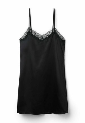 Zwarte slipdress met dunne verstelbare bandjes. Heeft een fijne zwarte kantafwerking langs de halslijn en een gladde, glanzende stoftextuur.