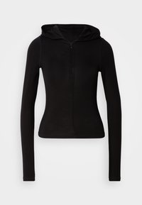 Black long-sleeve hoodie with a front zipper. Made from a smooth fabric, featuring a snug fit and a classic double-layered hood.