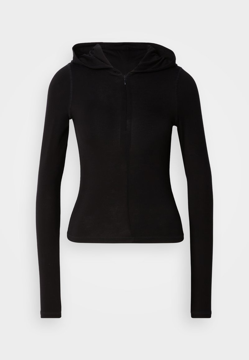 Black long-sleeve hoodie with a front zipper. Made from a smooth fabric, featuring a snug fit and a classic double-layered hood.