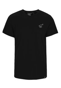 T-shirt in cotone nero con un design a maniche corte, scollo rotondo e un piccolo logo bianco sulla parte sinistra del petto.