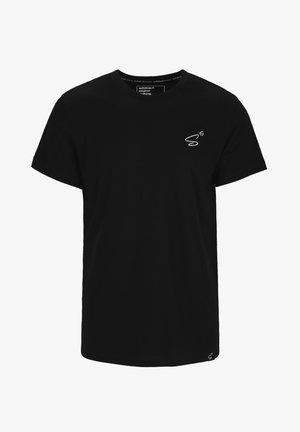 T-shirt in cotone nero con un design a maniche corte, scollo rotondo e un piccolo logo bianco sulla parte sinistra del petto.