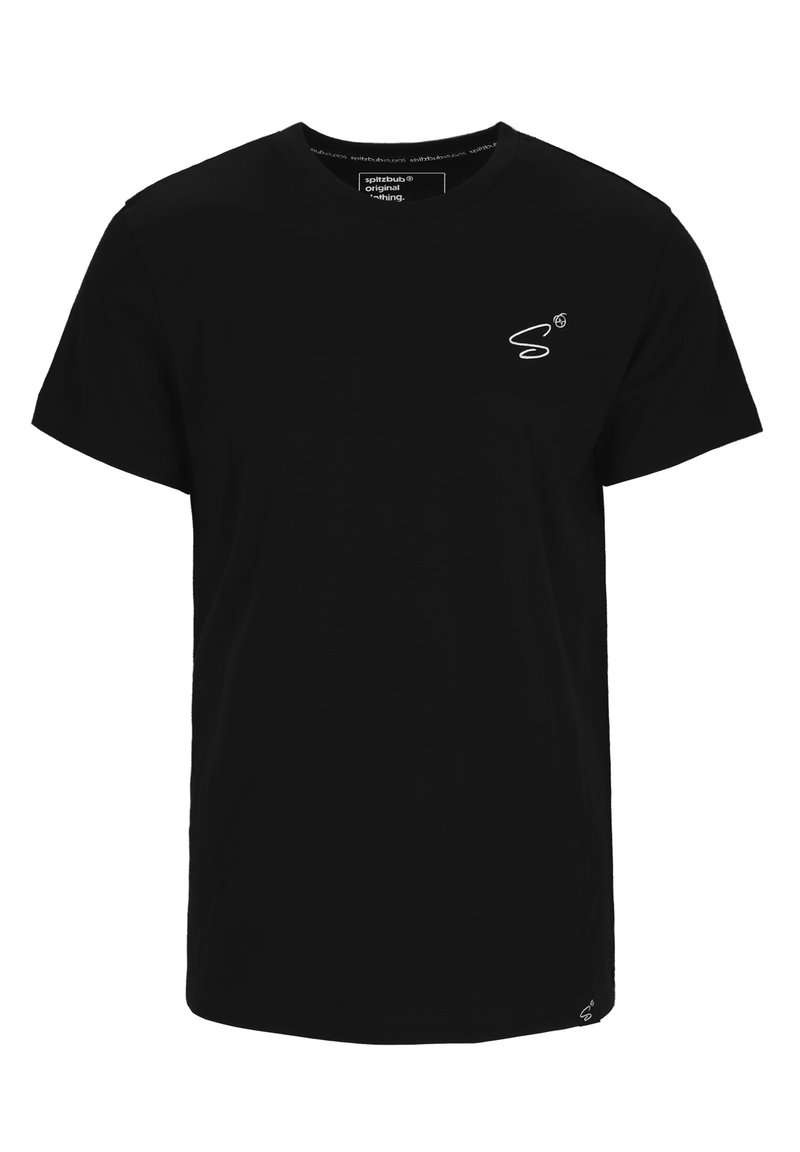 T-shirt in cotone nero con un design a maniche corte, scollo rotondo e un piccolo logo bianco sulla parte sinistra del petto.