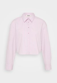 Cropped button-up shirt in pink and white vertical stripes. Features a classic collar and long sleeves with buttoned cuffs.