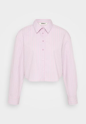 Cropped button-up shirt in pink and white vertical stripes. Features a classic collar and long sleeves with buttoned cuffs.