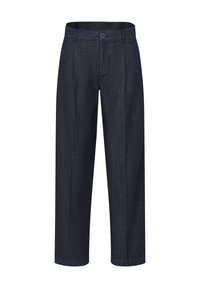 Dunkelblaue Jeans mit geradem Bein, ausgestattet mit Falten, einem Knopfverschluss und einer strukturierten Oberfläche.