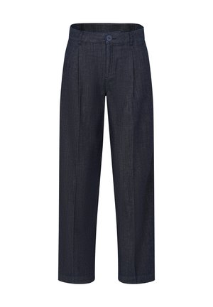 Dunkelblaue Jeans mit geradem Bein, ausgestattet mit Falten, einem Knopfverschluss und einer strukturierten Oberfläche.