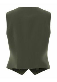 Maslinasto zeleni top bez rukava s krojem prilagođenim tijelu. Ima strukturirani stražnji dio s jedinstvenim izrezom na rubu. Glatka tekstura.