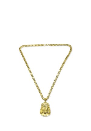 Collana d'oro con ciondolo raffigurante il volto di un uomo barbuto che indossa una corona di spine incastonata con pietre chiare.