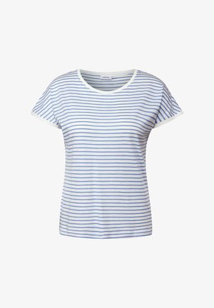 Pasiasta koszulka w kolorze białym z niebieskimi poziomymi paskami, okrągłym dekoltem, krótkimi rękawami i luźnym krojem. Posiada kontrastowe białe wykończenie.