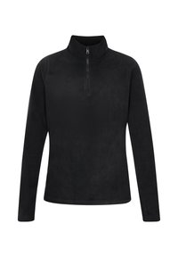 Zwarte fleece trui met een hoge kraag, rits aan de voorkant tot de helft, lange mouwen, een gladde textuur en geen zichtbare patronen of hardwaredetails.