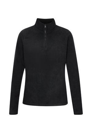 Zwarte fleece trui met een hoge kraag, rits aan de voorkant tot de helft, lange mouwen, een gladde textuur en geen zichtbare patronen of hardwaredetails.