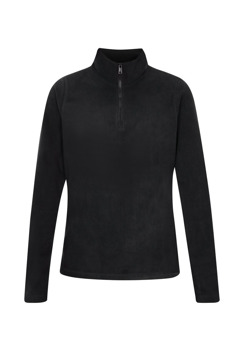 Zwarte fleece trui met een hoge kraag, rits aan de voorkant tot de helft, lange mouwen, een gladde textuur en geen zichtbare patronen of hardwaredetails.