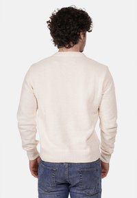 Maglione lavorato a maglia color crema con colletto rotondo e polsini a costine, caratterizzato da un motivo testurizzato. Indossato con jeans blu, visto da dietro.
