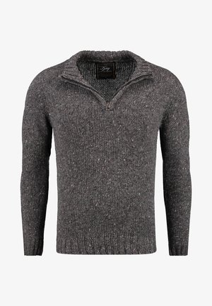 Gray knitted sweater with a half-zip collar, featuring a textured pattern and flecks of red and white thread throughout.