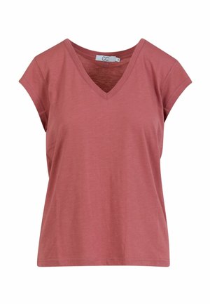 Koszulka damska z krótkim rękawem w kolorze różowym z efektem postarzenia, z dekoltem w serek, o luźnym kroju i prostym obszyciu.