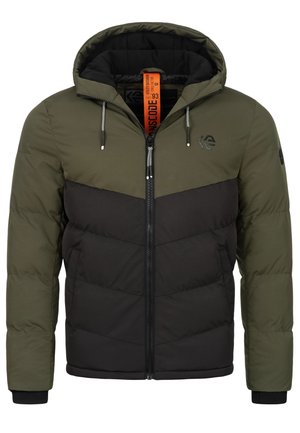 Padded jacket featuring a hood, in olive green and black with a chevron design, zip closure, and black accents on cuffs and hem.