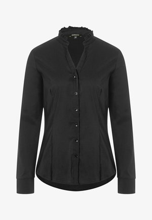 Black button-up shirt with long sleeves, ruffled collar, and glossy buttons. Smooth texture with a structured fit and curved hemline.