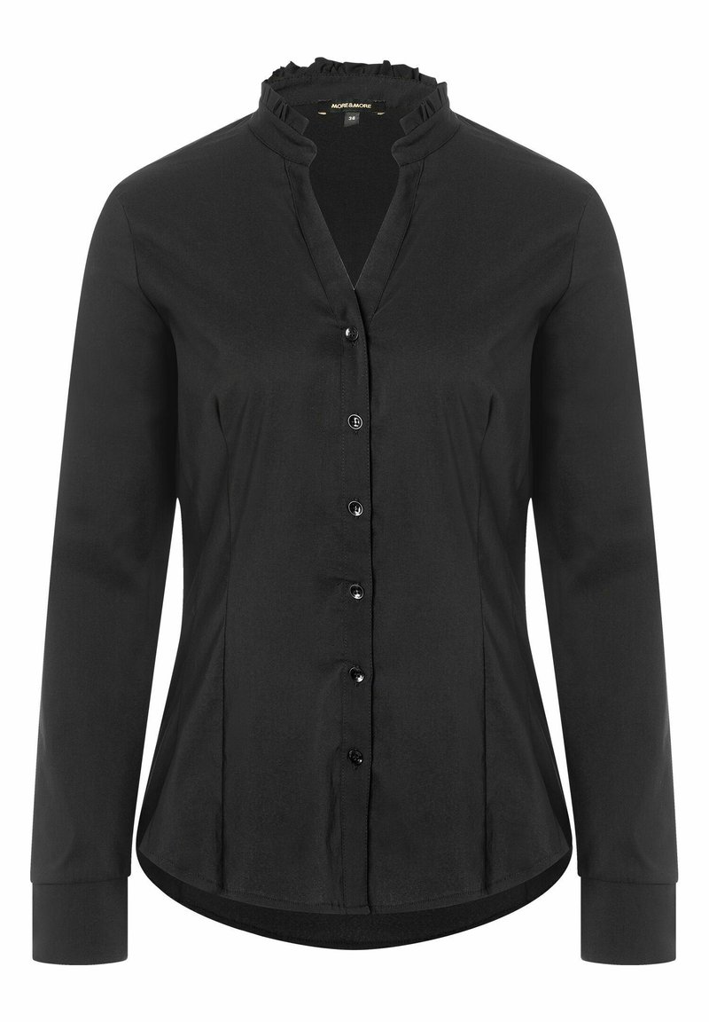 Black button-up shirt with long sleeves, ruffled collar, and glossy buttons. Smooth texture with a structured fit and curved hemline.