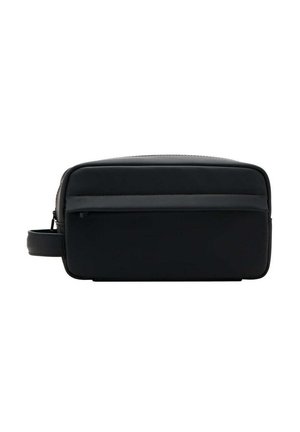 Trousse de toilette rectangulaire noire avec poche zippée à l'avant et poignée latérale sur fond blanc.