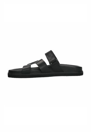 Black flip-flop sandal made of textured leather with two adjustable straps and a flat rubber sole, featuring a subtle logo detail on the upper.