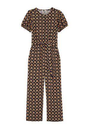 Schwarzer Jumpsuit mit kurzen Ärmeln und rundem Ausschnitt, verziert mit einem beigen Blumenmuster und einer taillierten Passform für eine lockere Silhouette.