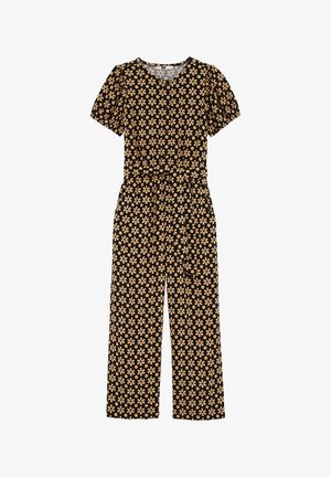 Czarny kombinezon z krótkimi rękawami i okrągłym dekoltem, ozdobiony beżowym kwiatowym wzorem i dopasowaną talią dla swobodnej sylwetki.