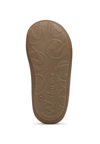 Hnědá guma podešev boty se strukturovaným vzorem a logem a označením velikosti. Design je hladký s jemnými drážkami pro přilnavost.