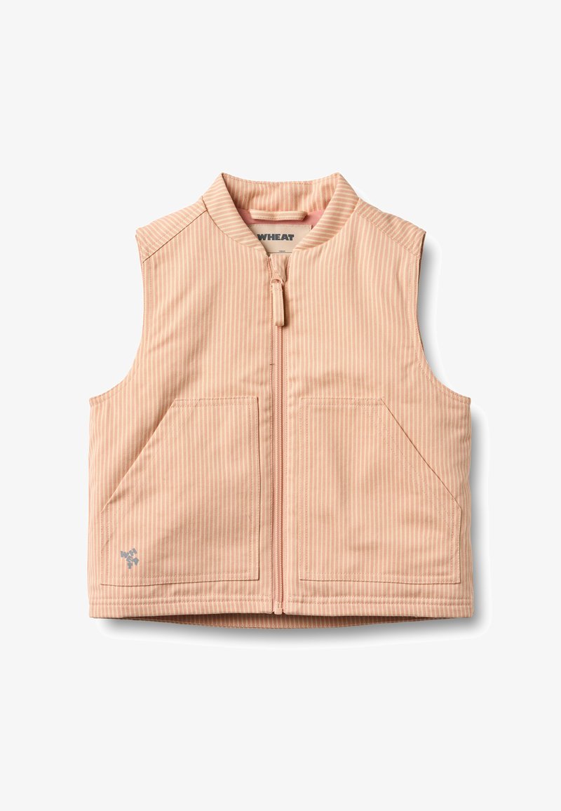 Veste sans manches rose clair avec des rayures verticales, fermeture éclair frontale, deux poches avant, et col montant. Fabriquée en tissu doux et texturé.