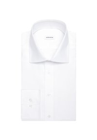 Chemise blanche à manches longues, soigneusement pliée avec col ouvert et poignets boutonnés, étiquetée "seidensticker" à l’intérieur du col.