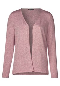 Pink knitted cardigan with a V-neck, open front design, long sleeves, and a soft texture, featuring a subtle heathered pattern.