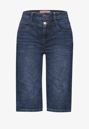 Donkerblauwe denim bermuda shorts met een rechte snit, voorzien van een sluiting met een knoop aan de voorkant, vijf zakken en zichtbare stiksel details.