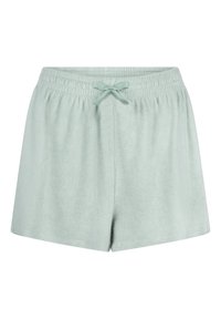 Lichtgroene badstof shorts met elastische tailleband en gestrikt koord aan de voorkant, weergegeven op een witte achtergrond.