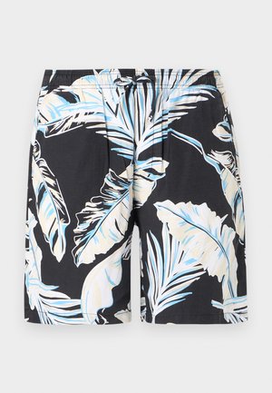 Fekete úszóshort, nagy fehér és kék trópusi levélmintával, elasztikus derékpánttal zsinórral, sima szövettextúrával.