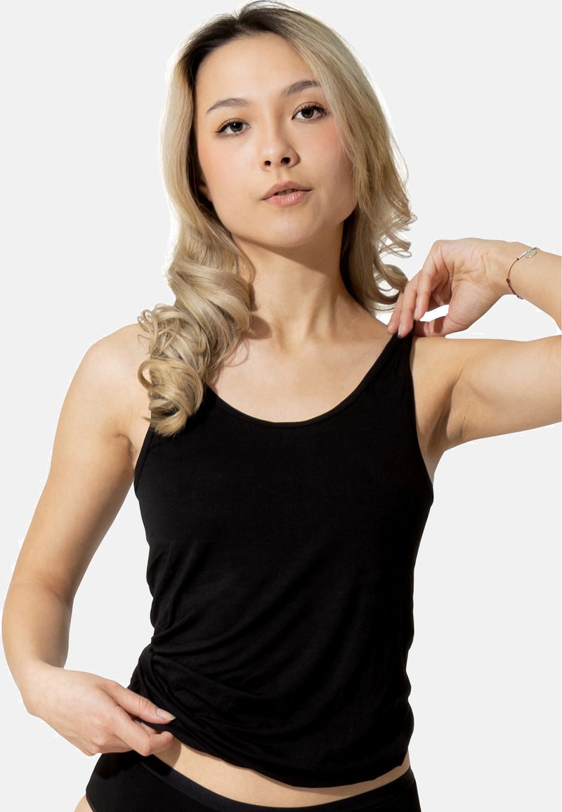 Black sleeveless top made of soft fabric with a relaxed fit and scoop neckline. Smooth texture, no patterns or hardware details.