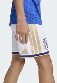 White sports shorts with gold stripes, featuring an Italian flag emblem and blue accents. Worn with a blue patterned jersey.