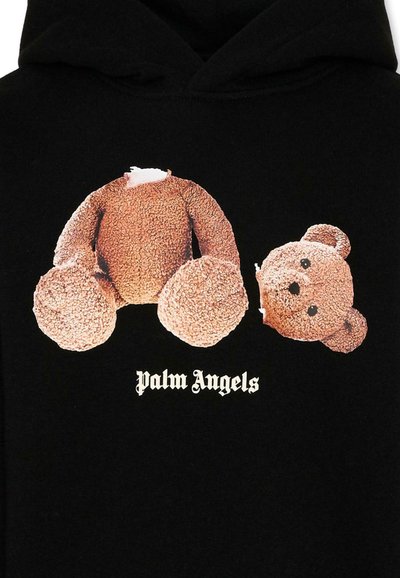 Sweat à capuche noir avec un graphisme d'un ours en peluche sans tête et une tête d'ours en peluche détachée au-dessus du texte "Palm Angels" en police gothique blanche.