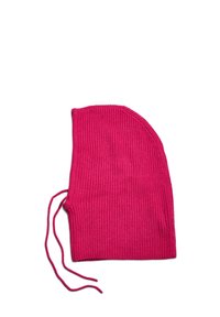 Bonet tricotat, de culoare roz aprins, cu o formă rotundă și cu atașamente pe laterale pentru fixare. Textură moale, potrivit pentru căldură și acoperire.