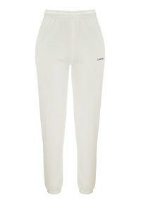Białe spodnie dresowe z elastycznym pasem i mankietami, z małym czarnym logo po lewej stronie. Gładka faktura materiału.