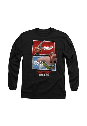Black long-sleeve shirt with cartoon characters Astérix and Obélix in red and blue boxes, with French text about their combat.