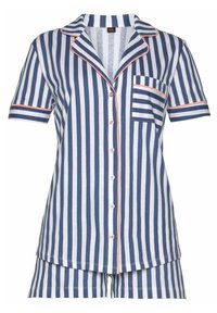 Short-sleeve pajama set in alternating navy and white vertical stripes, featuring a pocket, button closure, and pink piping accents.