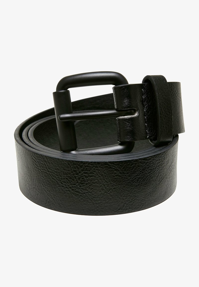 Schwarzer Leder Gürtel mit strukturiertem Finish, breitem Riemen und einer mattschwarzen Metall-Schnalle in rechteckiger Form.