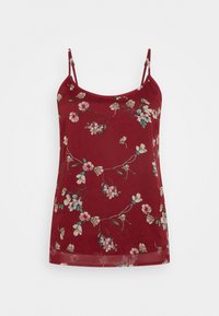Camiseta sin mangas en color marrón con un estampado delicado de flores rosas y verdes sobre una tela ligera y transparente.