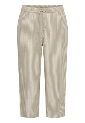 Béžové nohavice s vertikálnymi bielymi pruhmi, elastickým pásom a predným šnúrkovaním, skrátená dĺžka, voľný strih.