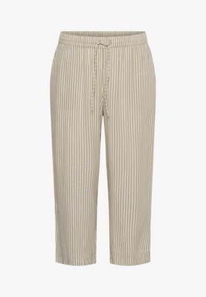 Pantaloni beige con righe verticali bianche, vita elasticizzata e coulisse frontale, lunghezza corta, vestibilità comoda.