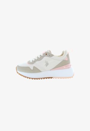Sportowe sneakersy w kolorze białym, beżowym i jasnoróżowym. Posiadają teksturowaną cholewkę, perforowane boczne panele oraz wyściełaną białą podeszwę z przyczepnością.