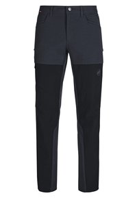 Herren-Wanderschuhe in Schwarz mit Zweifarben-Design, Frontknopf, Gürtelschlaufen, Seitentaschen und verstärktem Material an den unteren Beinen.